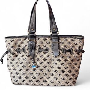 Dooney & Bourke Signature DB Monogram Canvas Tote Brown Leather Y2K Large